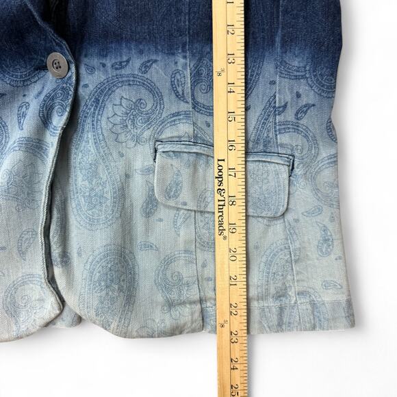Chico’s Denim Blazer Women's Size 2 Large Ombre Paisley Western Boho Indie - Picture 11 of 13